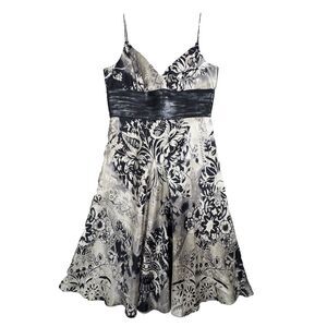 Carmen Marc Valvo Dress Womens 6 Black Silver Floral Silk Sip Dress Sequin Party
